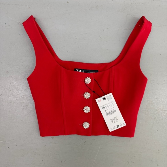 Zara Tops - Zara Bright Red Jeweled-Button Cropped Tank